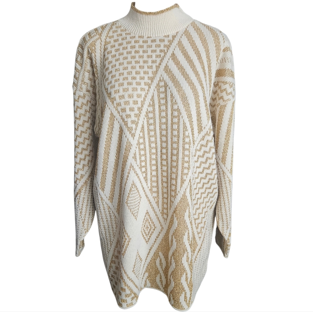 Frederick's of Hollywood Vtg Cream/Gold‎ Geometric Sweater Small Y2K Made In USA